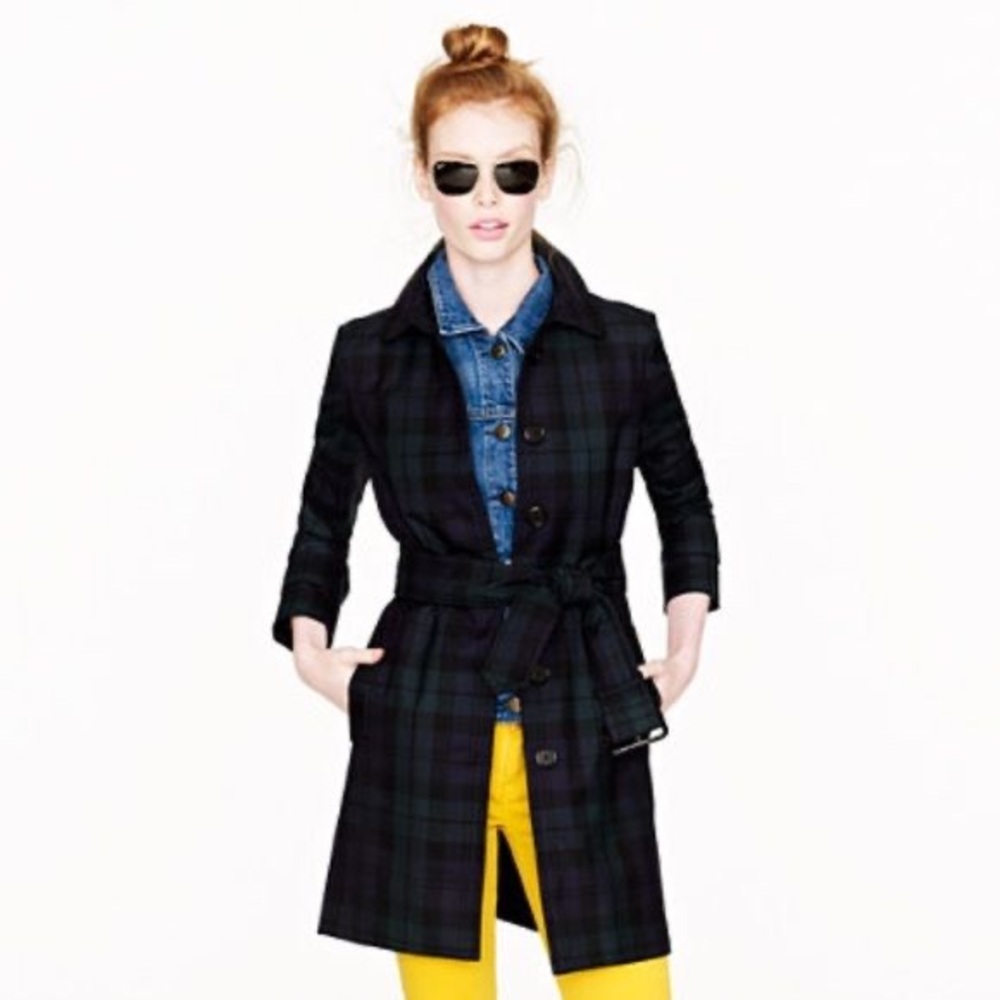 J.Crew Collection 100% Wool Blackwatch Tartan Trench Coat Jacket, Women’s 4